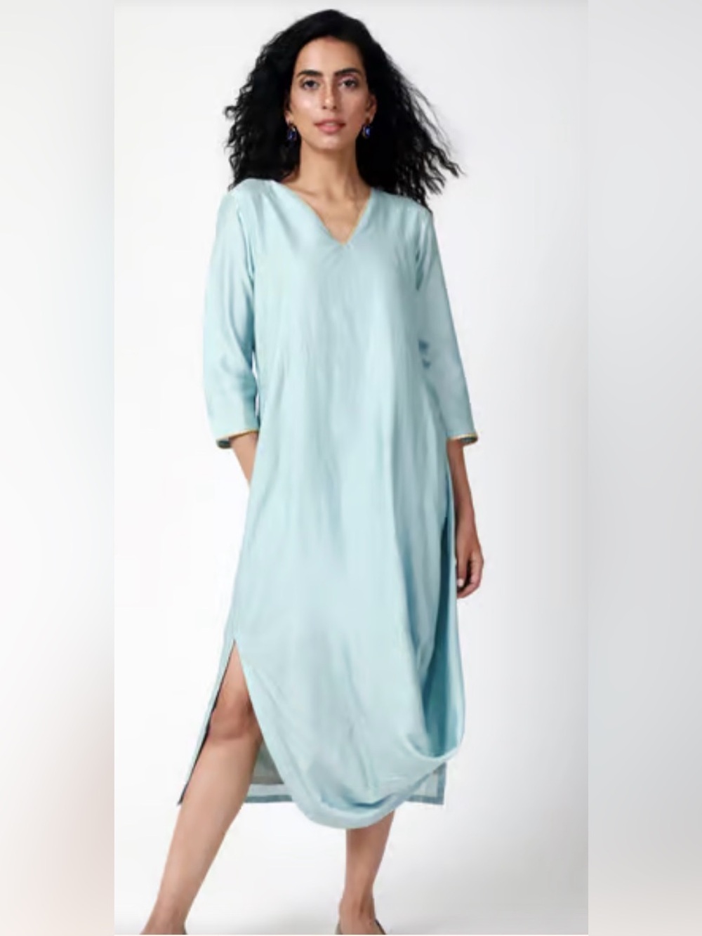 True Browns Blue V Neck Cowl Dress